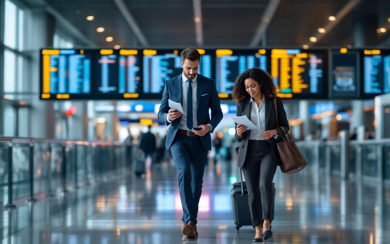Cadres en déplacement professionnel dans un hall d’aéroport sobre : un homme et une femme consultent des documents de voyage et vérifient leur smartphone, avec un éclairage doux et des panneaux d’horaires flous en arrière-plan.