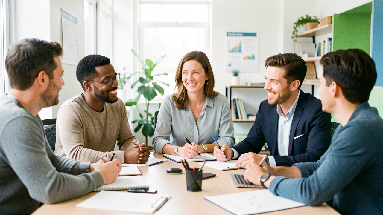 Une dirigeante échange chaleureusement avec une équipe diversifiée dans les bureaux lumineux d’une PME, autour du développement professionnel et de la reconnaissance.