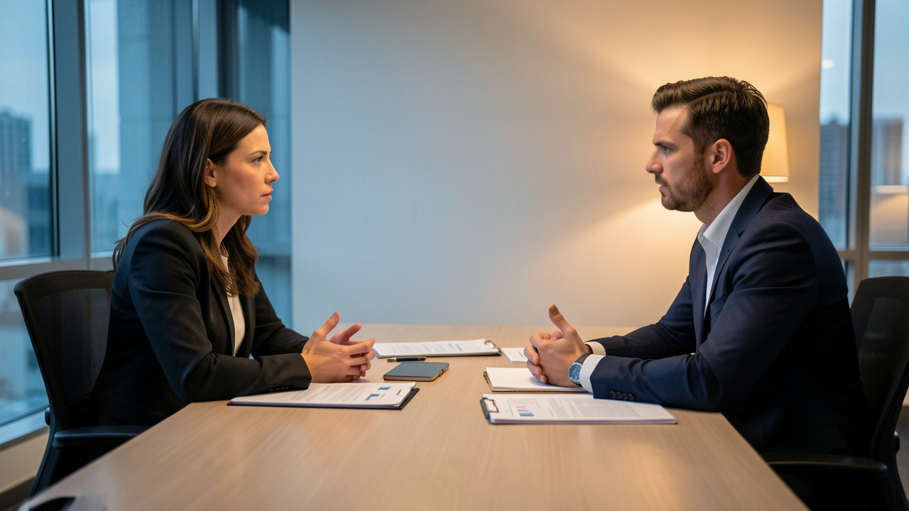 Une responsable mène avec calme une réunion tendue avec un salarié performant dans un bureau moderne.