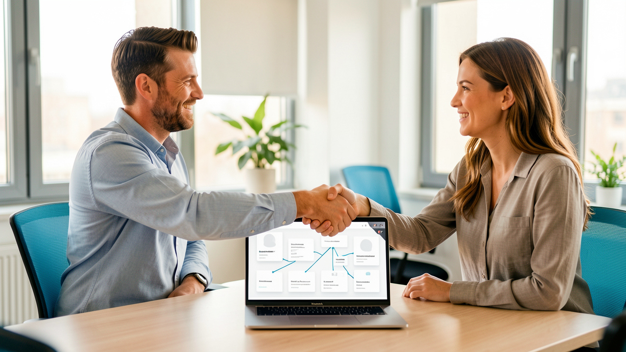 Un homme et une femme concluent une connexion professionnelle lors d’un échange dans un bureau moderne, symbolisant la transformation de prospects en clients et la prise de rendez-vous.