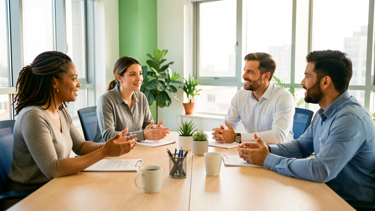 Une équipe diverse échange calmement autour d’une table dans un bureau lumineux, dans une atmosphère d’écoute et de confiance.