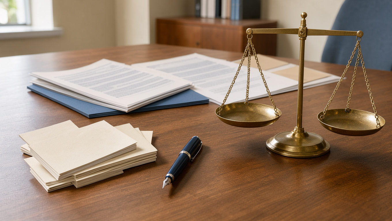 Bureau professionnel présentant des cartes vierges d’avis clients, un stylo, une balance symbolisant l’équité et des documents juridiques abstraits.