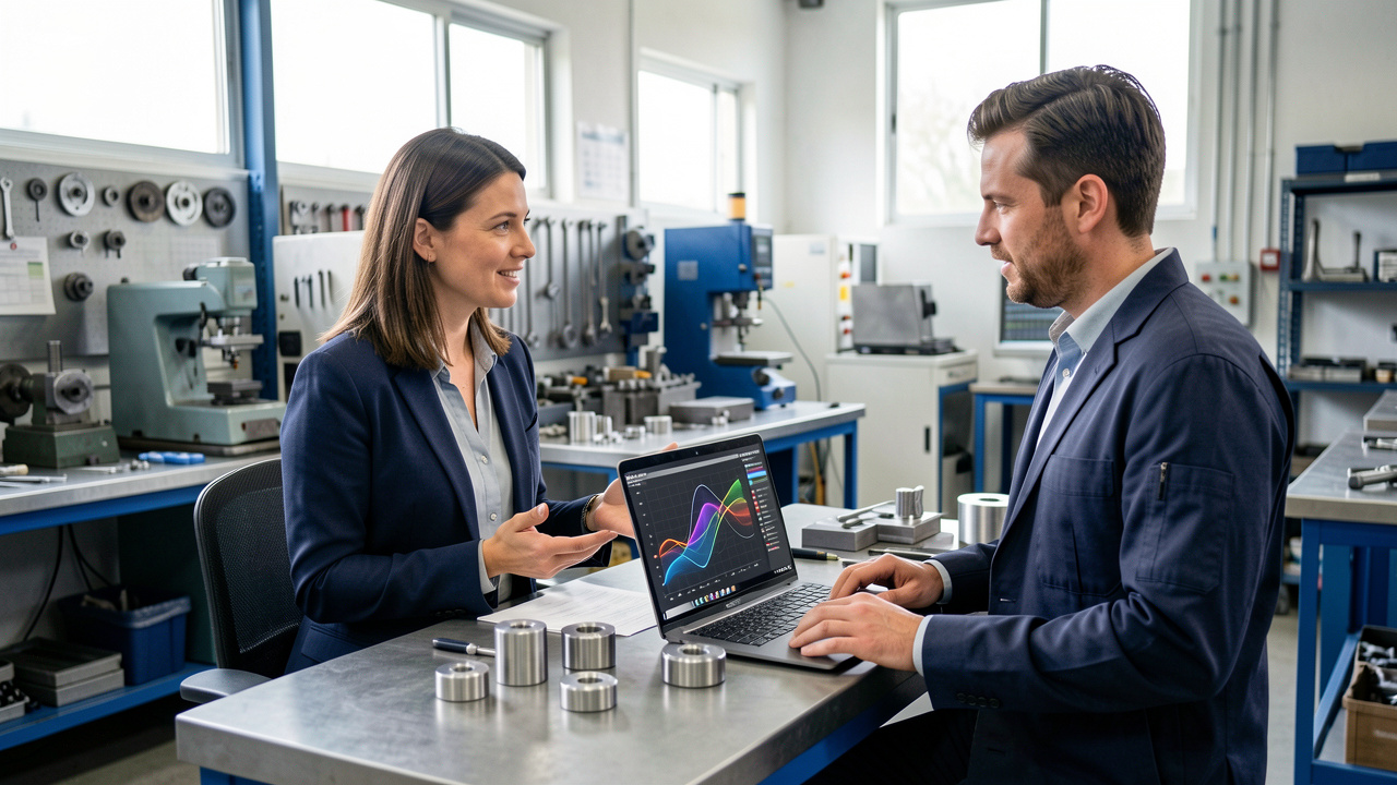 Une responsable marketing présente des composants industriels à un ingénieur dans un atelier moderne, avec un ordinateur affichant des graphiques abstraits.
