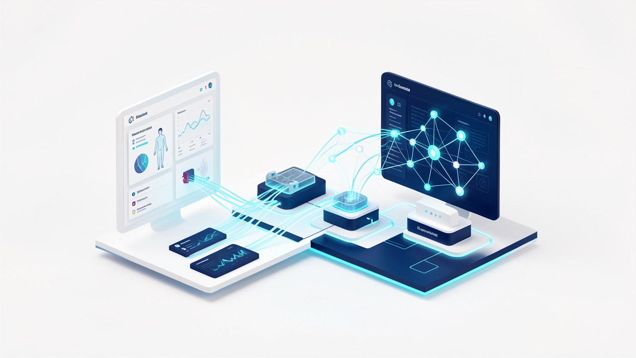 Illustration éditoriale sobre en bleu et blanc montrant une plateforme de santé numérique reliée à une infrastructure abstraite d’intelligence artificielle par des flux lumineux.