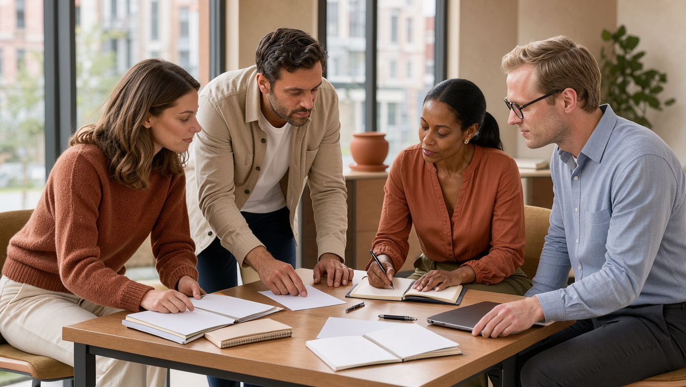 Équipe marketing française réunie chaleureusement autour d’une table dans un petit bureau lumineux, avec carnets, dossiers et ordinateur fermé.